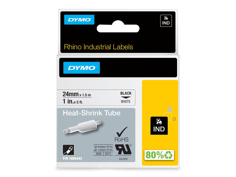 DYMO Rhino Industrie Schrumpfschlauch-Kabeletiketten | 24 mm x 1,5 m | schwarze Schrift auf weißem Untergrund
