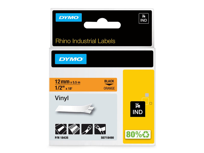 DYMO Rhino-Industrie-Vinyletiketten | 12 mm x 5,5 m | schwarz auf orange | selbstklebendes Schriftband
