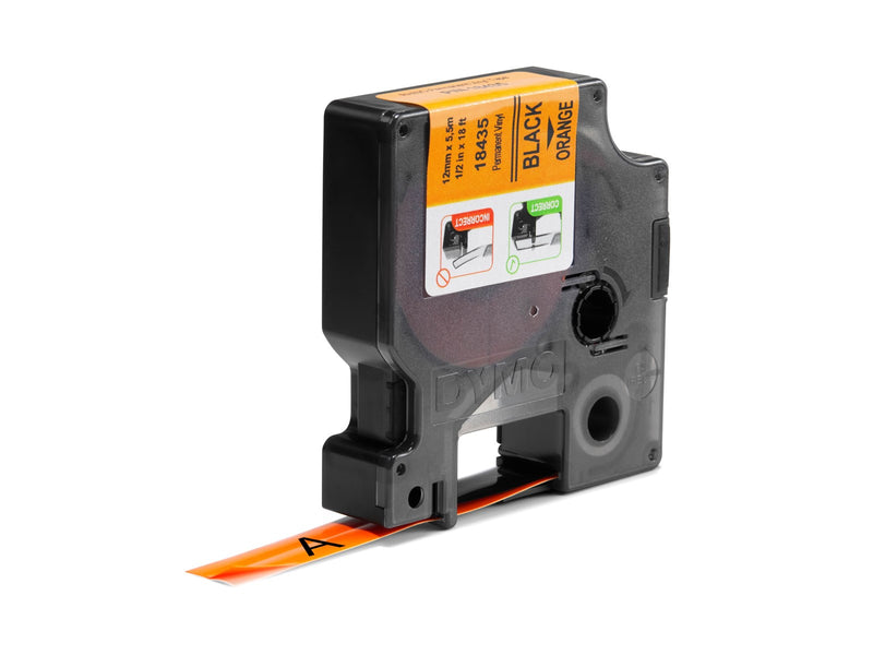 DYMO Rhino-Industrie-Vinyletiketten | 12 mm x 5,5 m | schwarz auf orange | selbstklebendes Schriftband