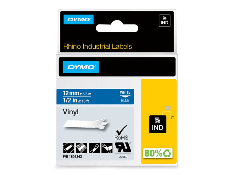 DYMO Rhino-Industrie-Vinyletiketten | 12 mm x 5,5 m | weiß auf blau | selbstklebendes Schriftband