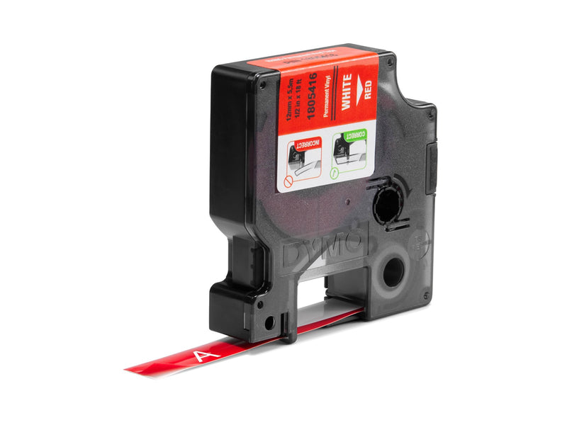 DYMO Rhino-Industrie-Vinyletiketten | 12 mm x 5,5 m | weiß auf rot | selbstklebendes Schriftband