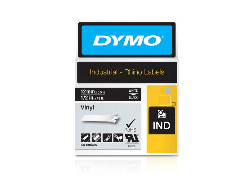 DYMO Rhino-Industrie-Vinyletiketten | 12 mm x 5,5 m | weiß auf schwarz | selbstklebendes Schriftband