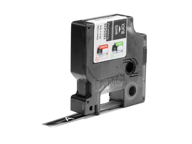DYMO Rhino-Industrie-Vinyletiketten | 12 mm x 5,5 m | weiß auf schwarz | selbstklebendes Schriftband