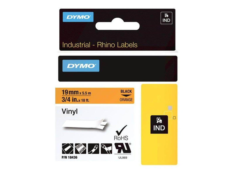 DYMO Rhino-Industrie-Vinyletiketten | 19 mm x 5,5 m | schwarz auf orange | selbstklebendes Schriftband