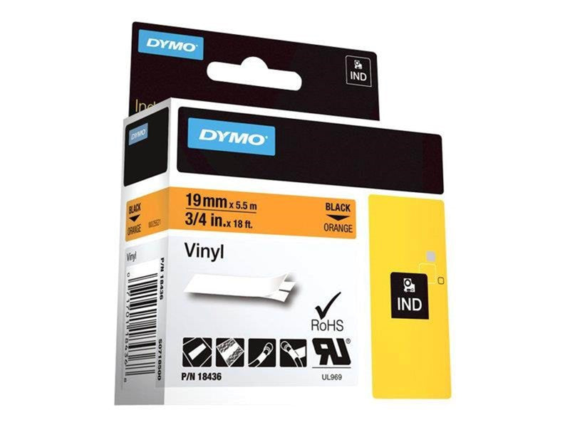 DYMO Rhino-Industrie-Vinyletiketten | 19 mm x 5,5 m | schwarz auf orange | selbstklebendes Schriftband