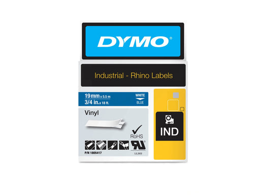 DYMO Rhino-Industrie-Vinyletiketten | 19 mm x 5,5 m | weiß auf blau | selbstklebendes Schriftband