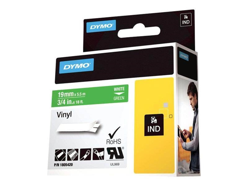 DYMO Rhino-Industrie-Vinyletiketten | 19 mm x 5,5 m | weiß auf grün | selbstklebendes Schriftband
