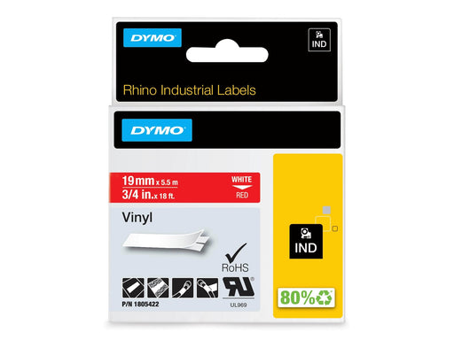 DYMO Rhino-Industrie-Vinyletiketten | 19 mm x 5,5 m | weiß auf rot | selbstklebendes Schriftband