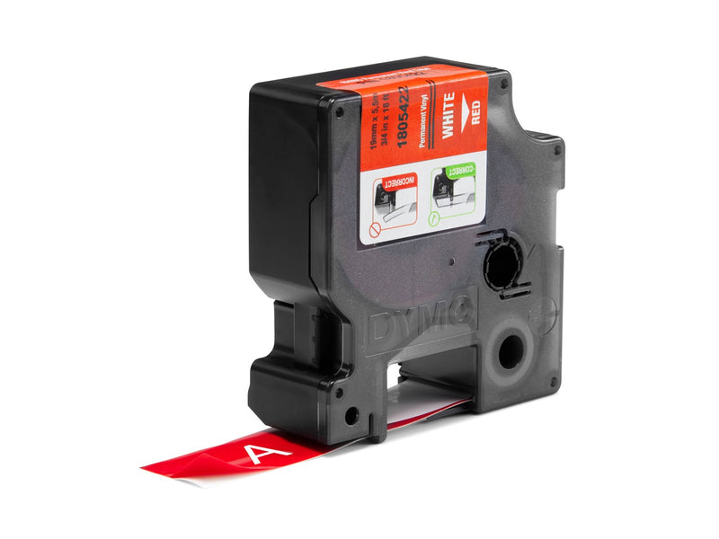 DYMO Rhino-Industrie-Vinyletiketten | 19 mm x 5,5 m | weiß auf rot | selbstklebendes Schriftband