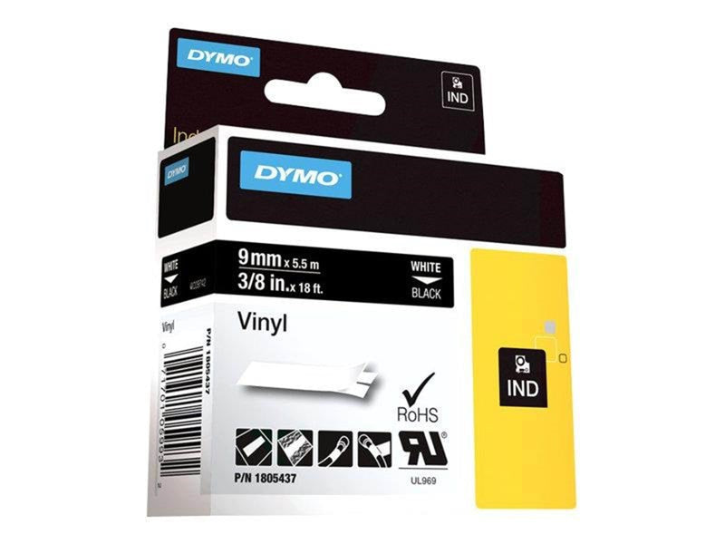 DYMO Rhino-Industrie-Vinyletiketten | 9 mm x 5,5 m | Weiß auf Schwarz | selbstklebendes Schriftband