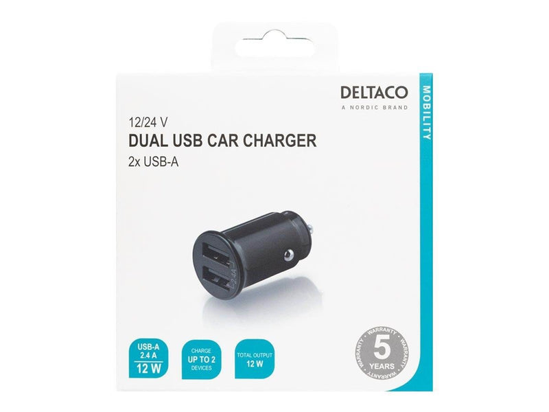 Deltaco 12/24 V USB car charger with compact size