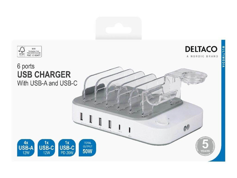 Deltaco DPS-0203 charging station - 4 x USB 2 x USB-C - 50 Watt
