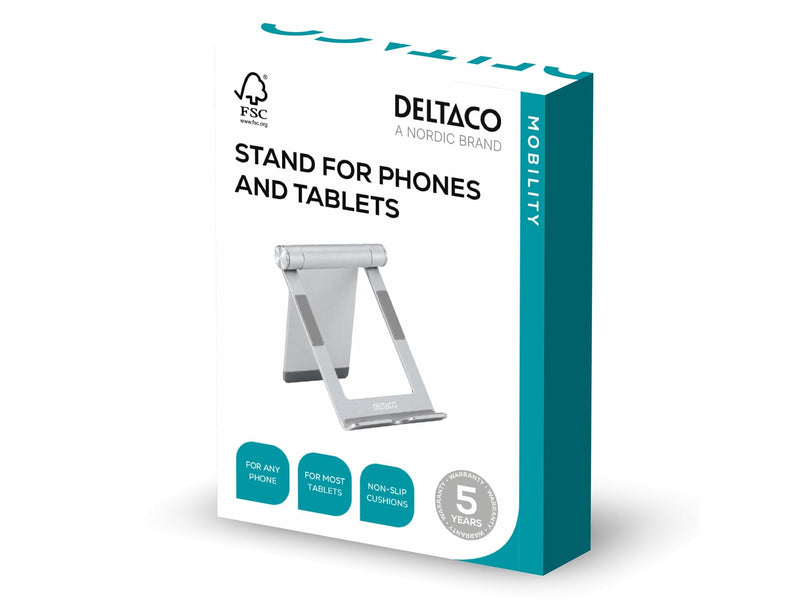 Deltaco Foldable phone/tablet stand in aluminum non-slip universal adjustable silver