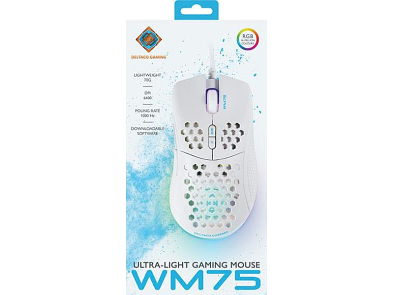Deltaco GAMING WM75 Ultralight Wired - Gaming Maus (Weiß mit RGB Licht)