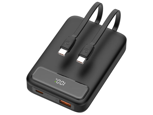 Deltaco PB-CC100 Powerbank | 2x USB-C cables built-in | 1x USB-A & 1x USB-C Ports | PD | Black - 10000 mAh