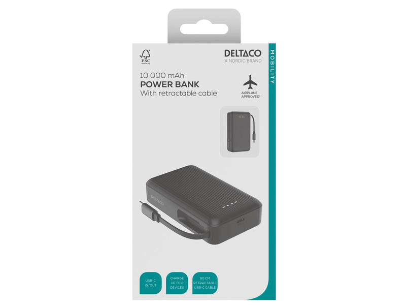 Deltaco PB-CC102 Powerbank | Retractable USB-C cable 90 cm + 1x USB-C Port | PD | Black - 10000 mAh