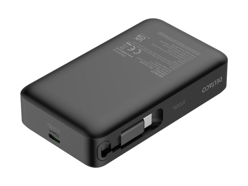 Deltaco PB-CC102 Powerbank | Retractable USB-C cable 90 cm + 1x USB-C Port | PD | Black - 10000 mAh