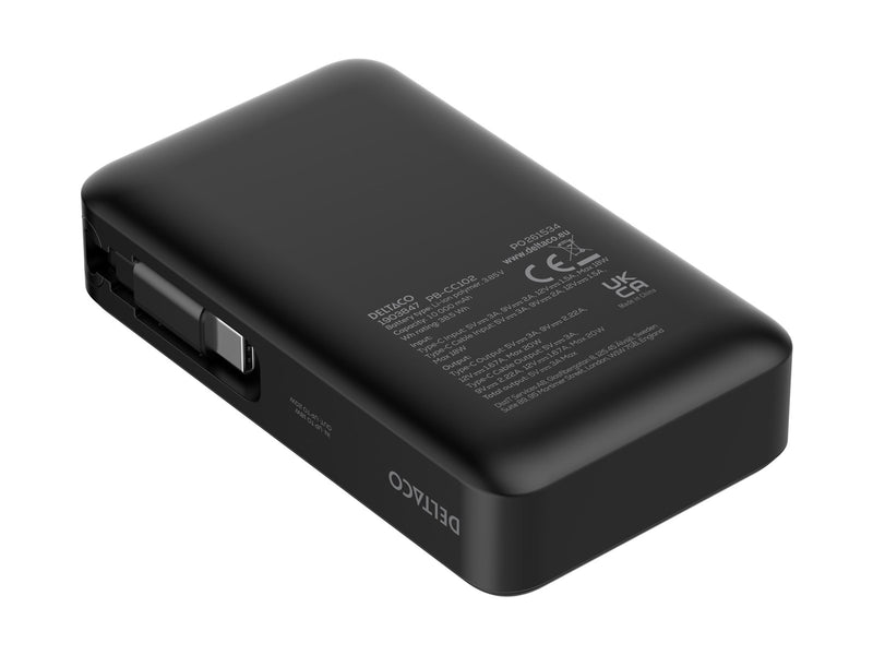 Deltaco PB-CC102 Powerbank | Retractable USB-C cable 90 cm + 1x USB-C Port | PD | Black - 10000 mAh