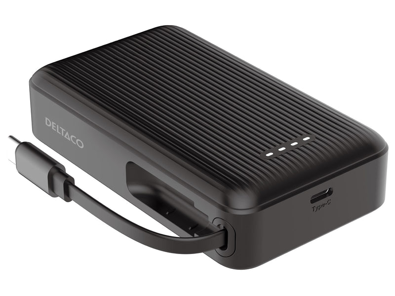 Deltaco PB-CC102 Powerbank | Retractable USB-C cable 90 cm + 1x USB-C Port | PD | Black - 10000 mAh