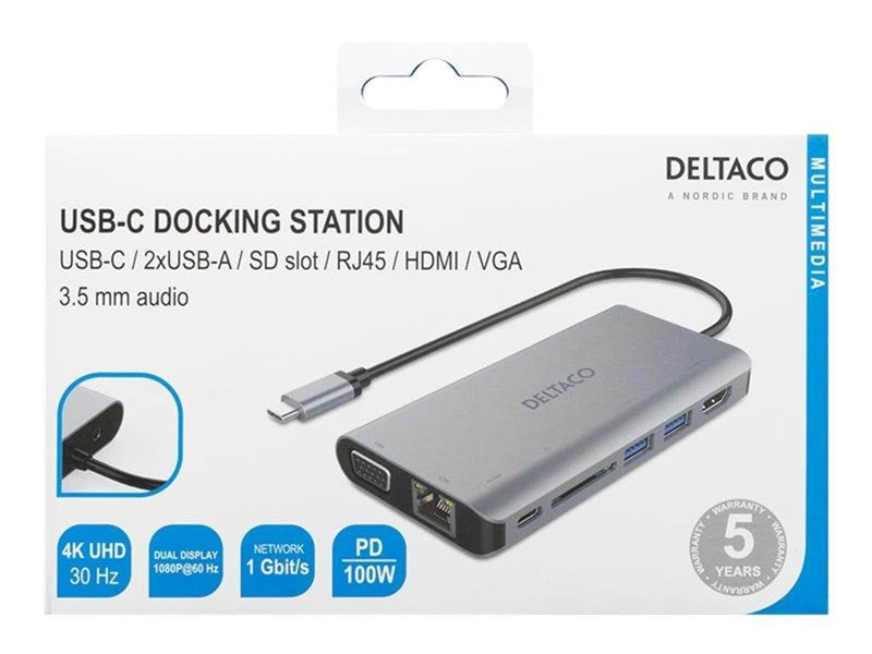 Deltaco USB-C dockningsstation HDMI/VGA/2xUSB-A PD