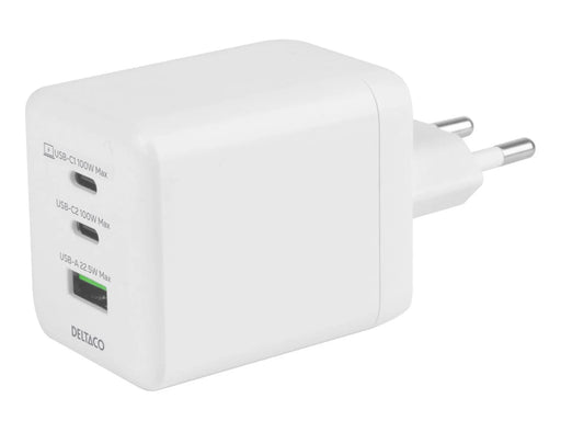 Deltaco USB GaN Wall Charger 100W | 1x USB-A | 2x USB-C | PPS + PD | White