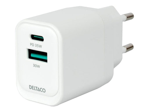 Deltaco USB GaN Wall Charger PD 35W | 1x USB-A | 1x USB-C | PPS + Samsung SFC 25W | White