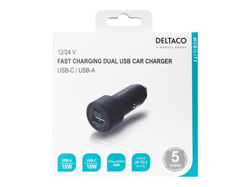 Deltaco USB car charger 1x USB-C PD 18 W 1x USB
