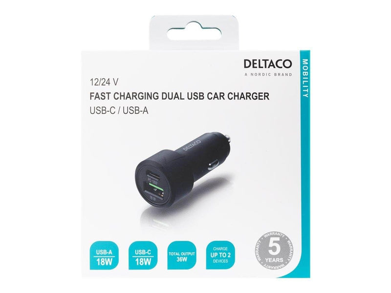 Deltaco USB car charger 1x USB-C PD 18 W 1x USB