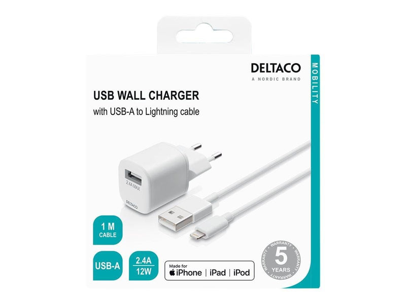 Deltaco USB wall charger USB-A 2.4 A incl. 1 m
