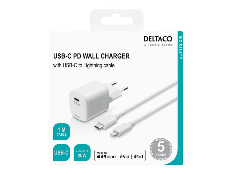 Deltaco USB wall charger USB-C PD 20 W includin