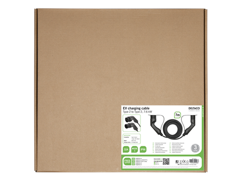 Deltaco e-Charge kabel type 2 til type 2 1 fase 32A 7m