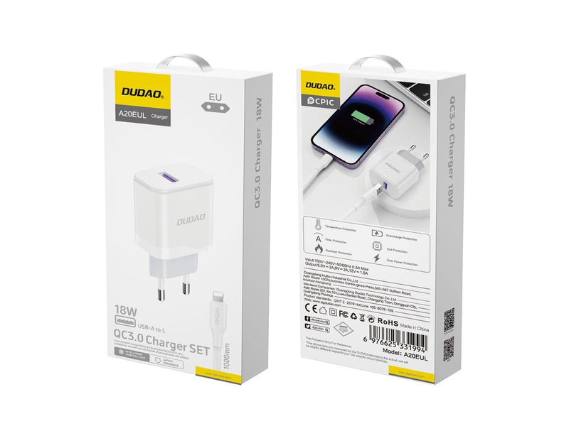 Dudao A20EU USB-A 18W network charger - white + USB-A - Lightning cable