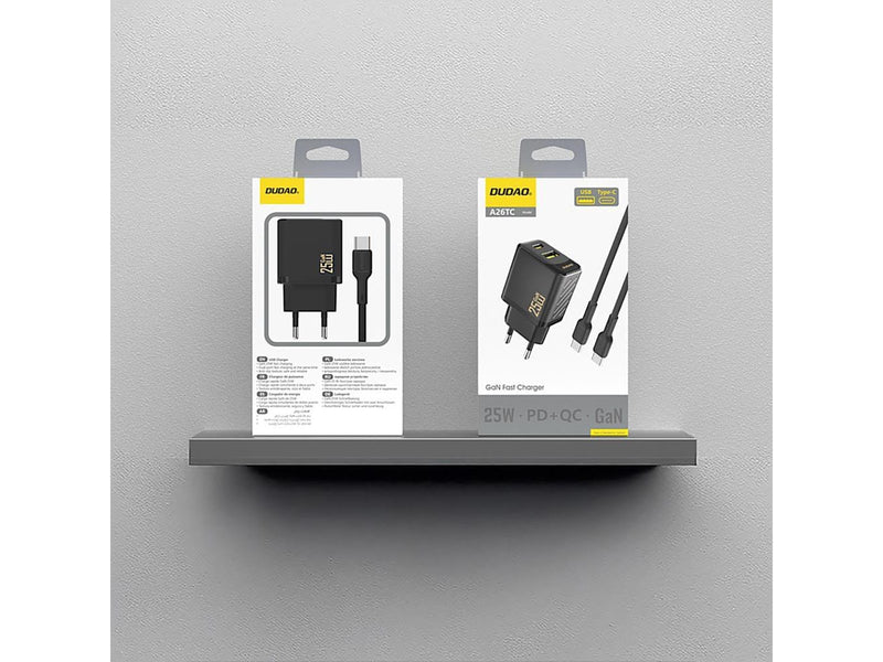 Dudao A26TCEU PD QC 25W GaN USB-A USB-C wall charger with USB-C cable - black