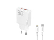 Dudao GaN A30EUL 30W USB-A / USB-C Wall Charger + USB-C - Lightning Cable - White