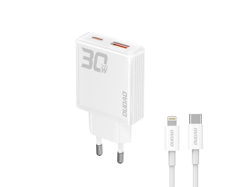 Dudao GaN A30EUL 30W USB-A / USB-C Wall Charger + USB-C - Lightning Cable - White