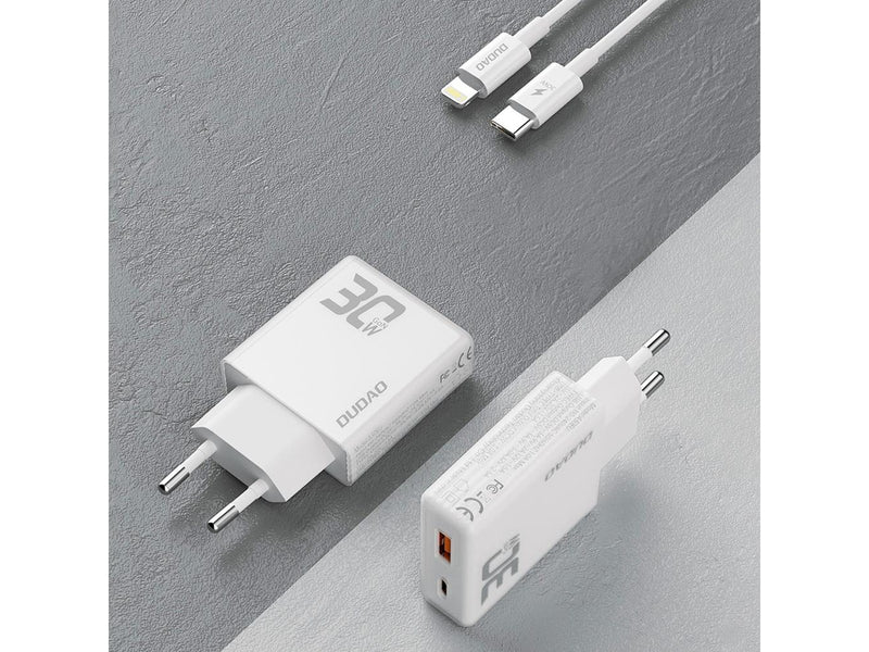 Dudao GaN A30EUL 30W USB-A / USB-C Wall Charger + USB-C - Lightning Cable - White
