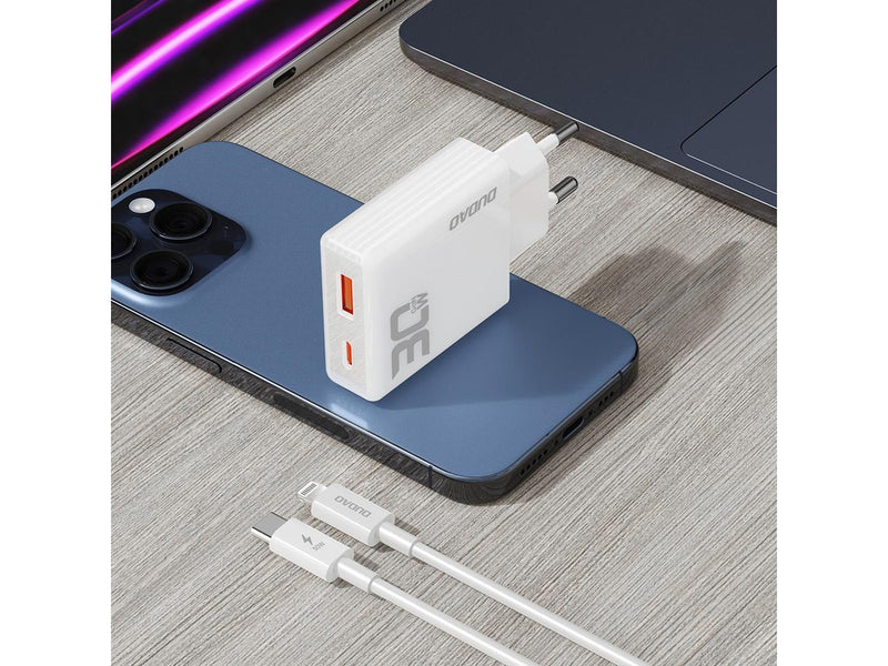 Dudao GaN A30EUL 30W USB-A / USB-C Wall Charger + USB-C - Lightning Cable - White