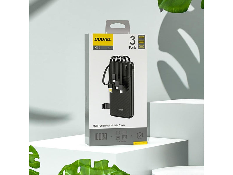 Dudao K11 10000mAh Powerbank with Built-in Cables - Black - 10000 mAh