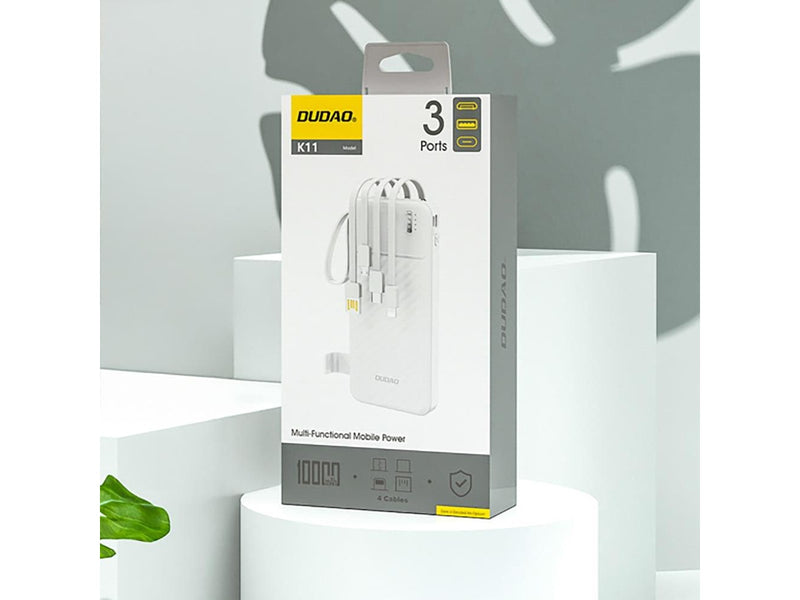Dudao K11 10000mAh Powerbank with Built-in Cables - White - 10000 mAh