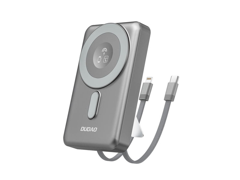 Dudao K29 10000mAh PD 20W MagSafe Power Bank with Metal Case Stand and Built-in USB-C/ Lightning Cables - Gray - 10000 mAh