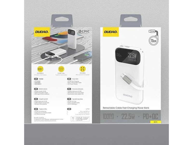 Dudao K31 10000 mAh 22.5W PD Powerbank with Built-in Cable - White - 10000 mAh