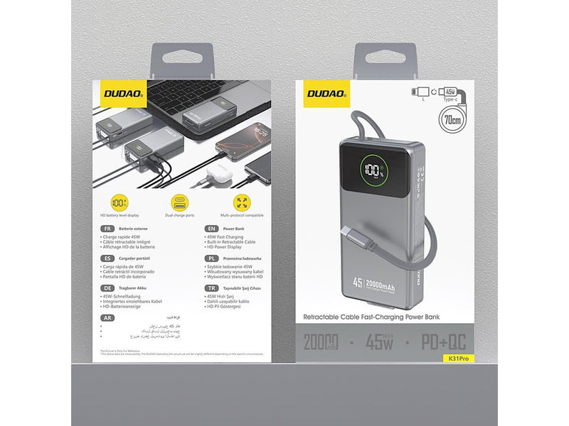 Dudao K31 Pro 45W 20000mAh Power Bank with Built-in Retractable USB-C Cable - Gray - 20000 mAh