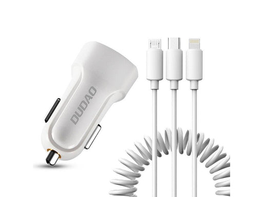 Dudao car kit charger 2x USB 2.4A + cable USB 3in1 Lightning / Type C / micro USB cable white (R7 white)
