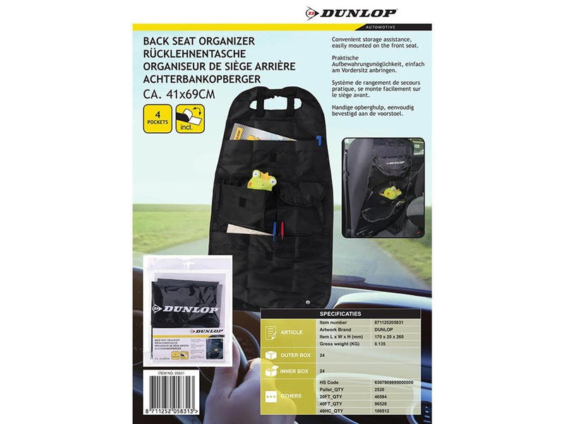 Dunlop - Car organizer / glove box / seat protector - black