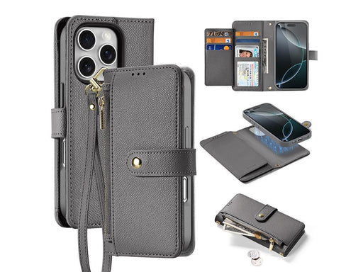 Dux Ducis Lava Leather Case for iPhone 16 Pro Max with Detachable Magnetic Wallet - Grey