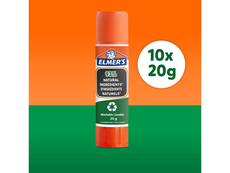 Elmer's ökologische Klebestifte | 93 % natürliche Inhaltsstoffe | 100 % recyceltes Plastik | 20 g | 10 Stück