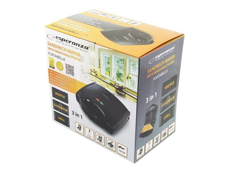 Esperanza Toaster SANDWICH MAKER WITH INTERCHANGEABLE PLATES PORTABELLA 700W BLACK