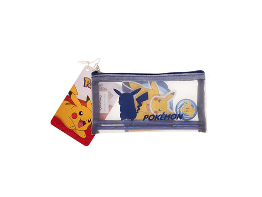 Euromic POKÉMON Filled MESH pencil pouch w/stationery articles:  2 triangular pencils 1 round sharpener 1 shaped eraser 1 shaped memo pad. Size of pencil pouch L 20 cm H 9.5 cm