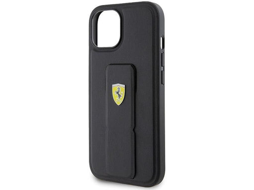 Ferrari Grip Stand Metal Logo Case for iPhone 15 - Black