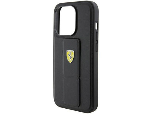Ferrari Grip Stand Metal Logo Case for iPhone 15 Pro Max - Black